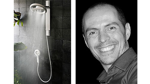 Zypho Nebia showerhead and André Fonseca, CEO, who advises here on cutting energy use